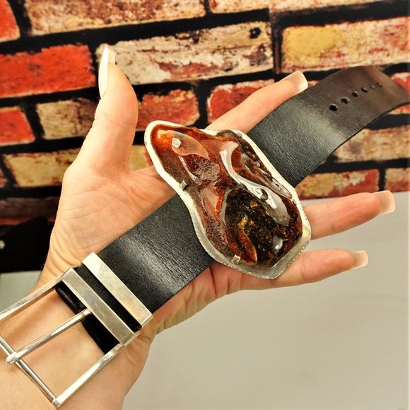 SUPER HUGE AMBER STERLING LEATHER RARE UNISEX BRACELET 9 BY AMBERMODA - Picture 1 of 16